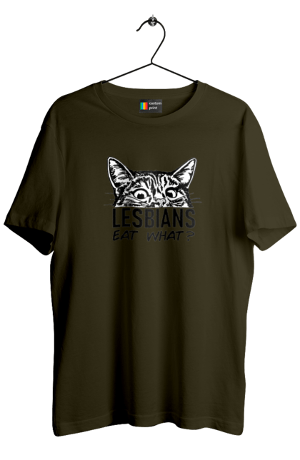 Футболка чоловіча з принтом "Lesbians eat what?". Гумор, котики, лгбт, лесбіянки, приколи, смішні написи. 2070702
