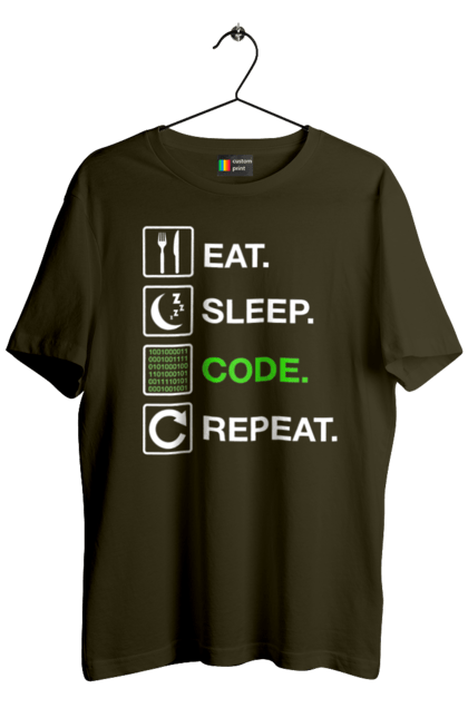 Футболка чоловіча з принтом "Їж Cпи Кодуй Повторюй". Айті, айтішник, для айтішника, для програміста, їж спи, кодуй повторюй, подарунок айтішнику, подарунок програмісту, програміст, розробник. 2070702