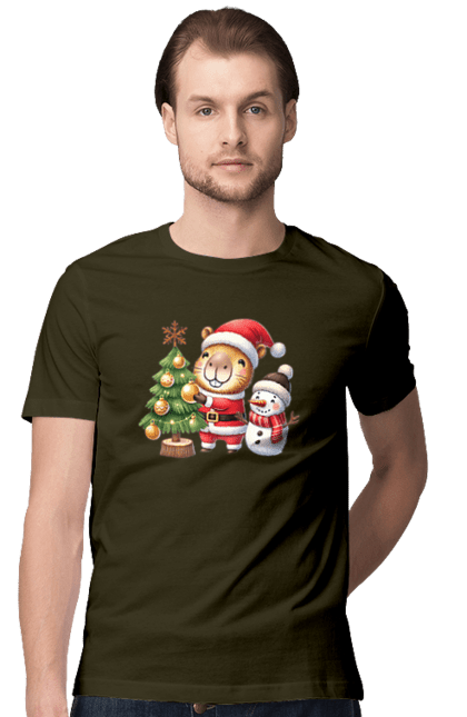 Men's t-shirt with prints Christmas Capybara with a Tree. Animal, capybara, christmas, christmas capybara, christmas tree, gift, holiday, new year, new year`s gift, santa. 2070702