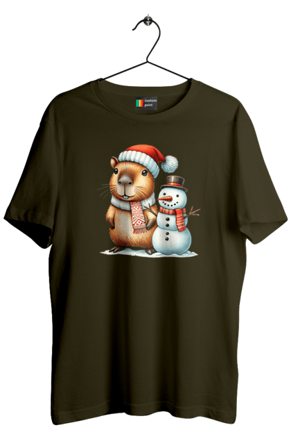 Men's t-shirt with prints Capybara and Snowman. Animal, capybara, christmas, christmas capybara, gift, holiday, new year, new year`s gift, santa, snowman. 2070702