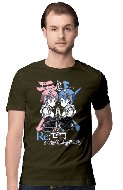 Men's t-shirt with prints Re:Zero. Anime, drama, fantasy, manga, ram, re:zero, rem, thriller. 2070702