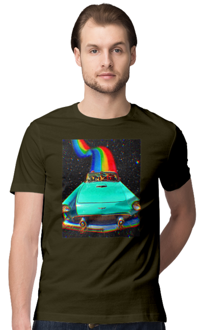 Футболка чоловіча з принтом "Картина, машина у космосі". Веселка, картина, космос, машина, подорожі, поїздка, прикол, ретро. 2070702