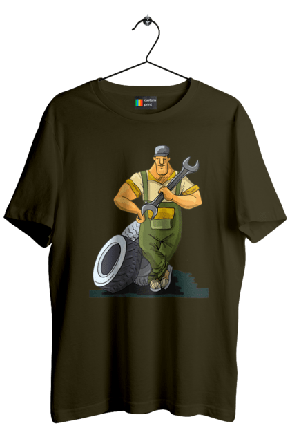 Men`s t-shirt with prints Car Mechanic. Profession, wheels, wrench. 2070702