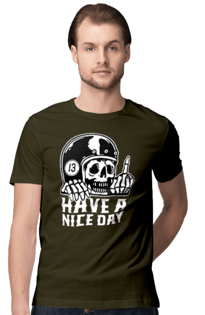Men`s t-shirt with prints Have a nice day. Fak, have a, nice day, scull, thirteen, with a skull. 2070702