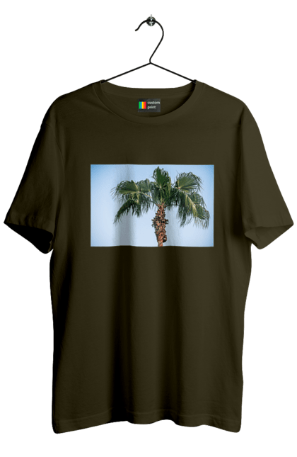 Футболка чоловіча з принтом "Пальма на тлі неба". Берег, блакитне, відпочинок, відпустку, єгипет, зелений, зелені, лист, листя, море, небо, оазис, океан, острів, пальма, південь, подорож, пригоди, тропіки, туреччина. 2070702