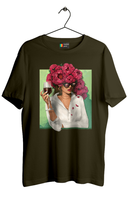 Футболка мужская с принтом Девушка с пионами и бокалом. Бокал, вино, девушка, лето, очки, пионы, рубашка, цветок. 2070702