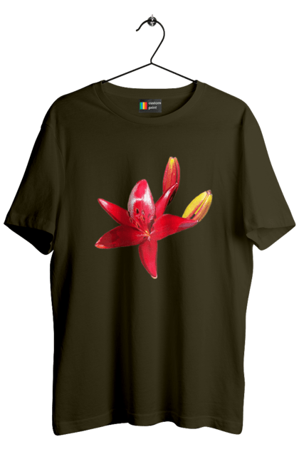 Men`s t-shirt with prints Red lily. Bright, bud, buds, color, flower, lily, nature, red, red flower, red lily, sunny. 2070702