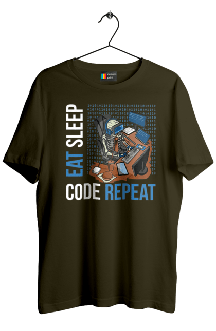 Футболка чоловіча з принтом "Їж Cпи Кодуй Повторюй". Айті, айтішник, для айтішника, для програміста, їж спи, кодуй повторюй, подарунок айтішнику, подарунок програмісту, програміст, розробник. 2070702