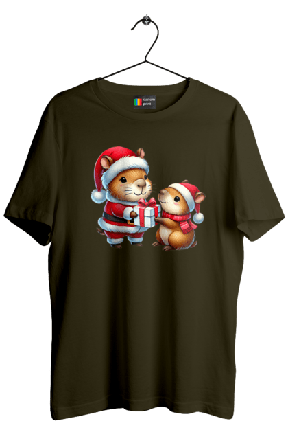 Men's t-shirt with prints Christmas Capybara with a Gift. Animal, capybara, christmas, christmas capybara, gift, holiday, new year, new year`s gift, santa. 2070702