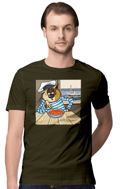 Футболка чоловіча з принтом "Кот Моряк, На Кораблі Їсть Червону Ікру". Ікра, кіт, корабель, моряк. 2070702