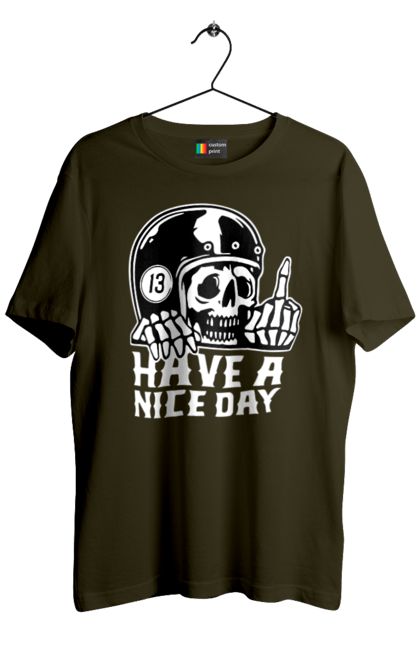 Men`s t-shirt with prints Have a nice day. Fak, have a, nice day, scull, thirteen, with a skull. 2070702