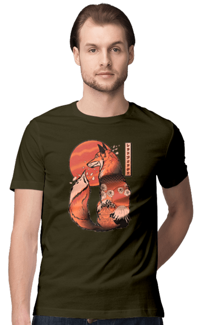 Футболка чоловіча з принтом "Кіцуне". Animal, cherry blossoms, fox, japan, japanese, kitsune, mount fuji, red fox, vintage, кіцуне. 2070702