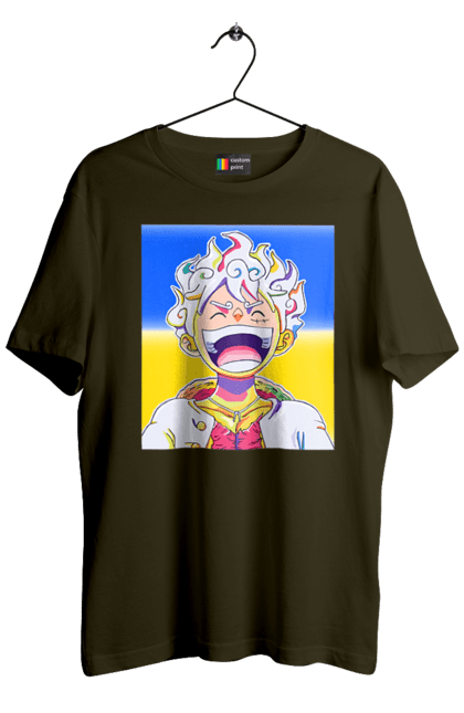 Футболка чоловіча з принтом "Монкі д Луффі сміється на жовто блактному фоні". Ван піс, луффі, монкі д. луффі, прапор україни, символ україни, україна. 2070702