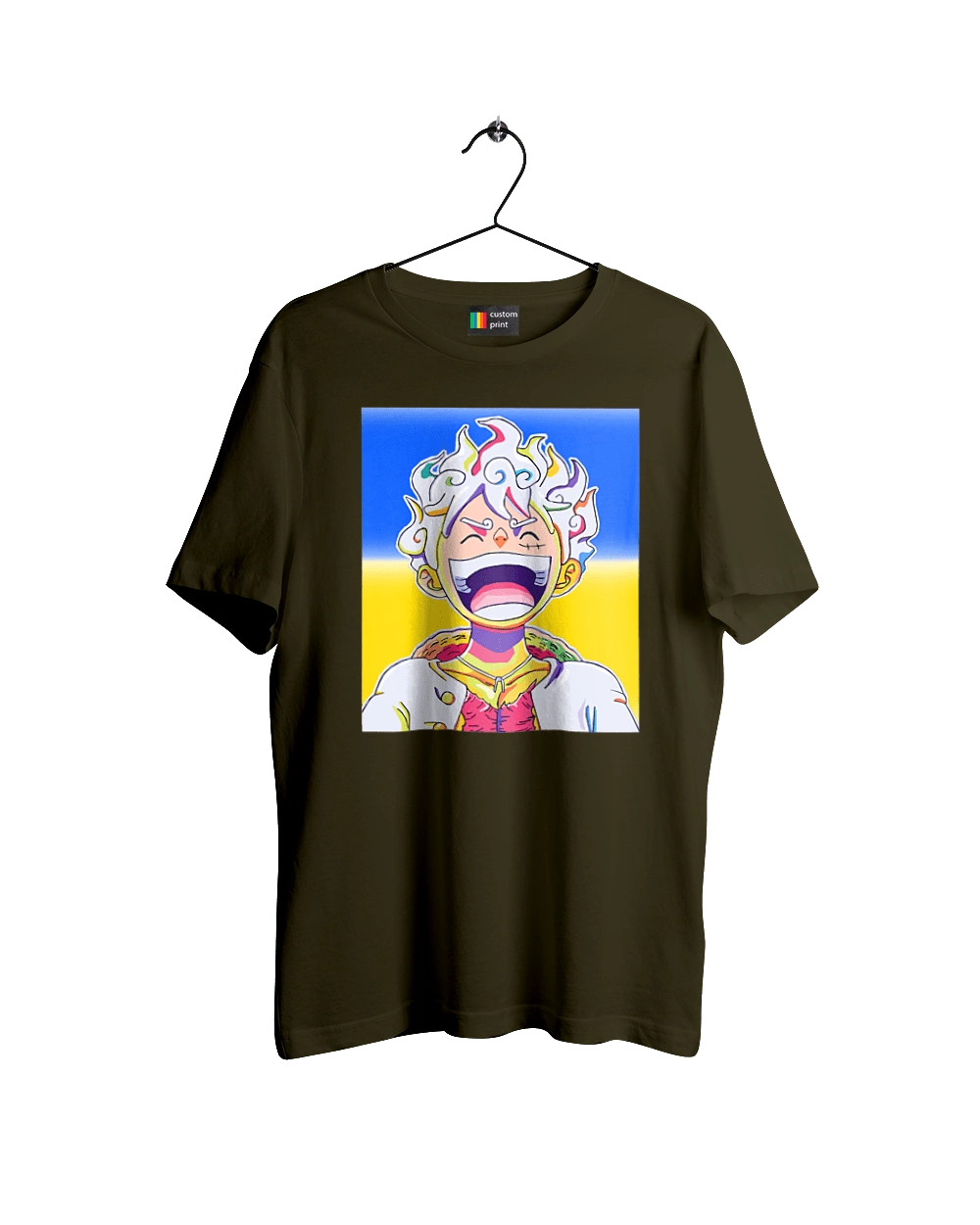 Monkey D Luffy laughing on a yellow blue background