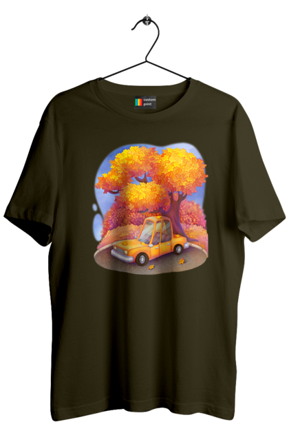 Men`s t-shirt with prints Autumn Car Tree. Autumn, machine, orange, tree, yellow cute illustration. 2070702