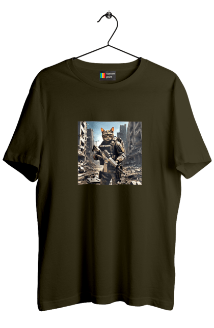 Футболка чоловіча з принтом "Кіт десантник". Бронежилет, війна, військовий, гвинтівка, захисник, камуфляж, кіт, рушниця. 2070702