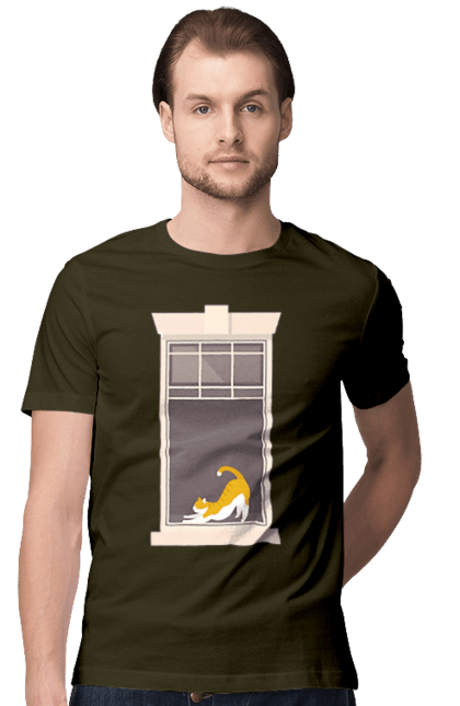 Футболка чоловіча з принтом "Кіт В Вікні". Вікно, кіт, потягушки, рудий. 2070702