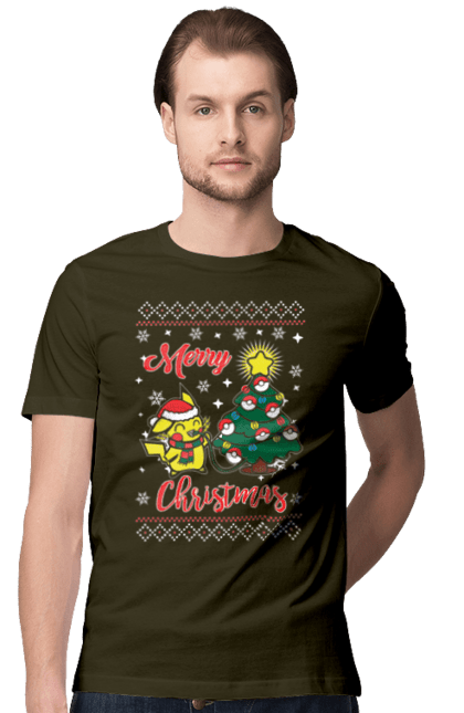 Men`s t-shirt with prints Pikachu Merry Christmas. Anime, christmas, game, manga, merry christmas, nintendo, pikachu, pokemon. 2070702