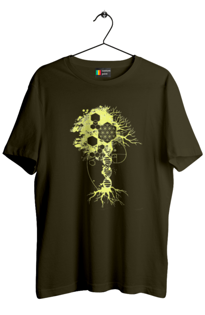 Футболка чоловіча з принтом "Древо життя". Божественна суть, ген, дерево життя, днк, макромолекула, мова світобудови, насіння життя, сакральна геометрія, число бога, число фібоначчі. 2070702