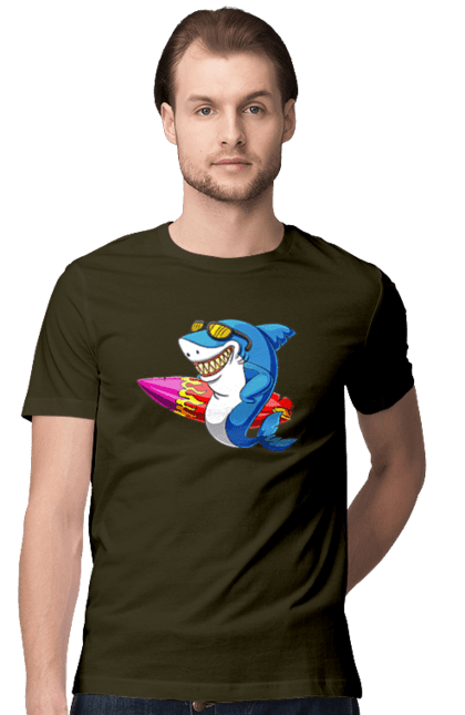 Men`s t-shirt with prints Shark With Glasses Surfing. Glasses, shark, summer, surfing. 2070702