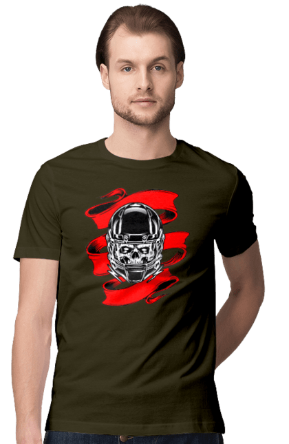 Men`s t-shirt with prints Skull in a motorcycle helmet. Helmet, moto, skull, tape. 2070702