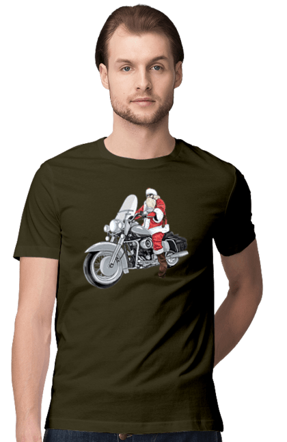 Футболка чоловіча з принтом "Санта На Мотоциклі". Мотоцикл, новий рік, санта, свято. 2070702
