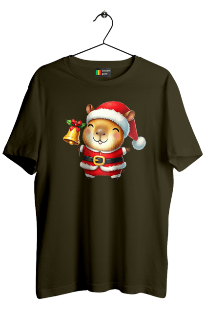 Men's t-shirt with prints Funny capybara with a bell. Animal, bell, capybara, christmas, christmas capybara, gift, holiday, new year, new year`s gift, santa. 2070702