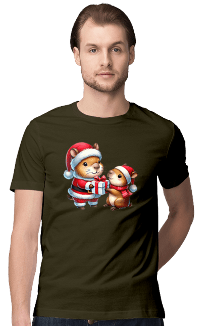 Men's t-shirt with prints Christmas Capybara with a Gift. Animal, capybara, christmas, christmas capybara, gift, holiday, new year, new year`s gift, santa. 2070702