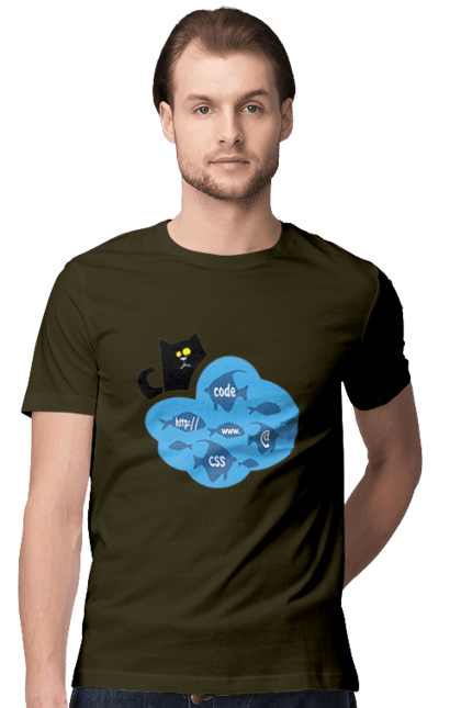 Футболка чоловіча з принтом "Кіт програміст". Angular, c, css, html, it, javascript, jquery, php, python, react, svelt, vue, айтишник, айті, гумор, код, кодувати, прогер, програміст, програмісти, ти ж, ти ж програміст, тиж програміст. 2070702