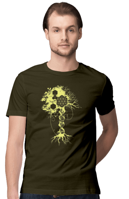 Футболка чоловіча з принтом "Древо життя". Божественна суть, ген, дерево життя, днк, макромолекула, мова світобудови, насіння життя, сакральна геометрія, число бога, число фібоначчі. 2070702