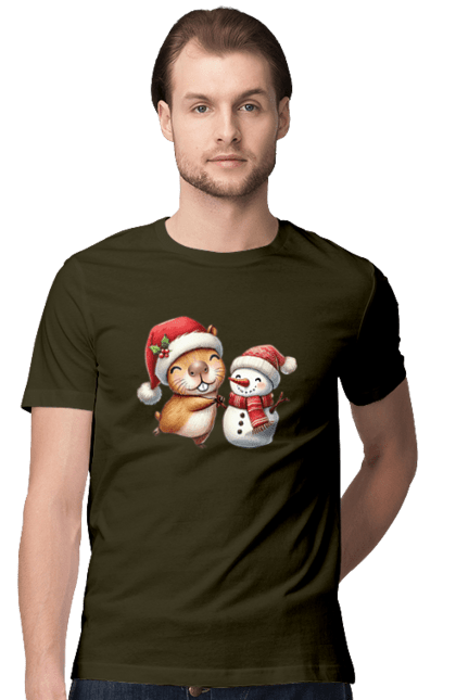 Men's t-shirt with prints Capybara and Snowman. Animal, capybara, christmas, christmas capybara, gift, holiday, new year, new year`s gift, santa, snowman. 2070702