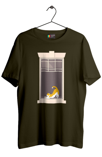 Футболка чоловіча з принтом "Кіт В Вікні". Вікно, кіт, потягушки, рудий. 2070702