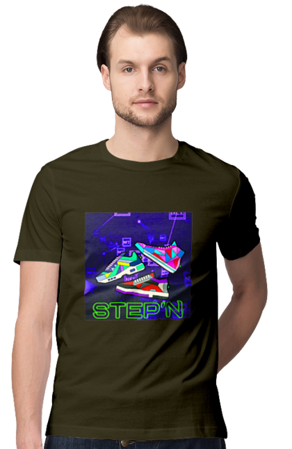 Футболка чоловіча з принтом "Step`n". Віртуальні кросівки, крипта, криптовалюти, нфт, нфт кросівки, солана, степен. 2070702