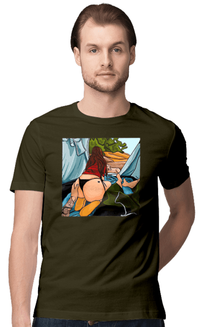 Футболка чоловіча з принтом "Відпочинок З Улюбленою У Палатці". Відпочинок, жопа, палатка, собака. 2070702