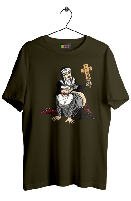 Футболка чоловіча з принтом "Монашки БДСМ". Бдсм, крута, модна, молодіжна, плескає по дупі, рок, рольові ігри, черниці бдсм, черницю, черниця. 2070702