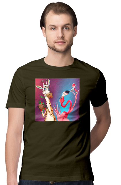 Футболка чоловіча з принтом "Жираф І Фламінго На Вечірці". Жираф, їжа, коктейль, фламінго. 2070702