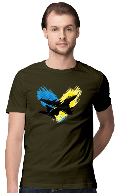 Футболка чоловіча з принтом "Літак F 16". З прапором, зсу, літак, літак f16, патріотична, прапор, ф16. 2070702