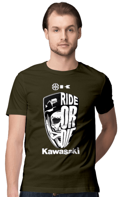 Футболка мужская с принтом Kawasaki. Kawasaki, ride or die, бренд, мотоцикл, спорт, череп. 2070702