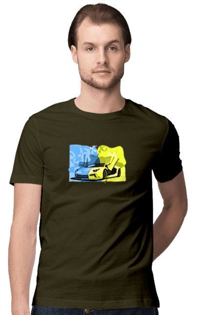 Men`s t-shirt with prints Ukrainian Lamborghini. Flag, lamborghini, machine, sports car, ukraine, yellow blue. 2070702
