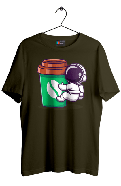 Футболка чоловіча з принтом "Космонавт з кавою". Кава, космонавт, космос, склянка. CustomPrint.market