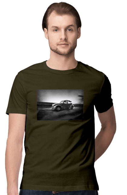 Футболка чоловіча з принтом "Ретро машина чб". Авто, ретро, ретро машина, чорно біла машина. 2070702