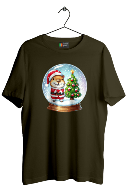 Men's t-shirt with prints Christmas Capybara with a Tree. Animal, capybara, christmas, christmas capybara, christmas tree, gift, holiday, new year, new year`s gift, santa. 2070702