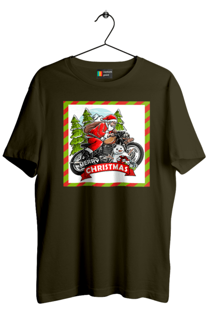 Футболка чоловіча з принтом "Санта на мотоциклі". Мотоцикл, новий рік, подарунки, різдво, санта, сніговик, ялинка. 2070702