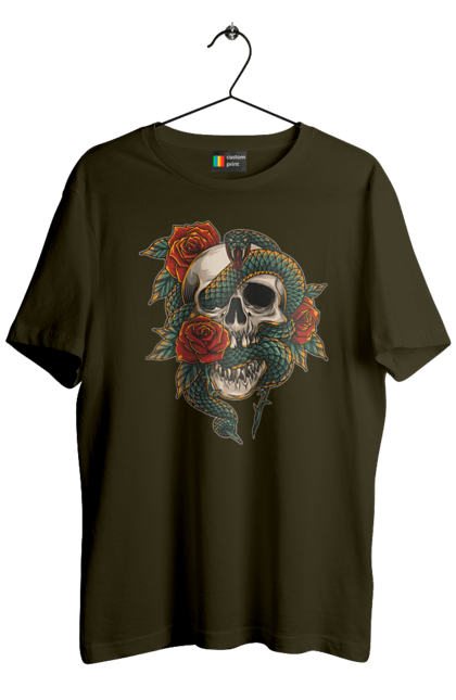 Men's t-shirt with prints Skull with a snake. Bones, flowers, roses, scales, scull, snake, spikes, teeth. 2070702