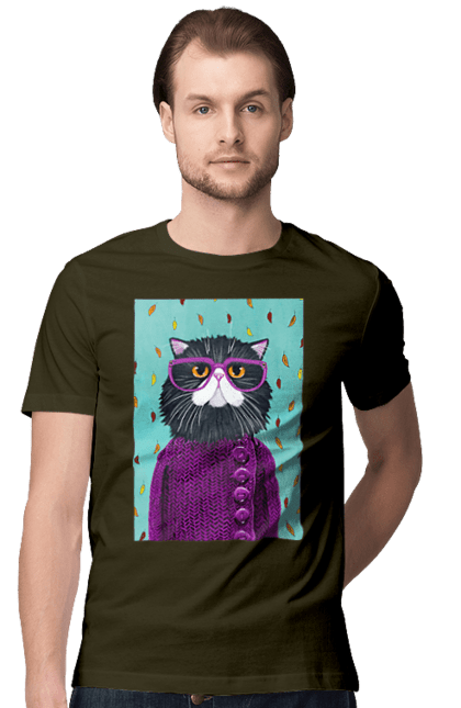 Футболка чоловіча з принтом "Кот в светрі і окулярах". Кіт, окуляри, осінь, светр, холод. CustomPrint.market