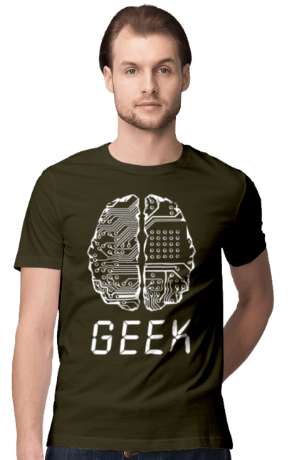 Футболка чоловіча з принтом "Гик Мозок". Айті, айтішник, гик, знання, інженер, кібер, кібернетика, кіборг, код, комп, комп’ютерник, кристал, мікросхема, мозок, програміст, професіонал, професссія, розробник, розум, чіп. 2070702