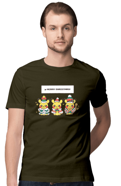 Men`s t-shirt with prints Pikachu Merry Christmas. Anime, christmas, game, manga, merry christmas, nintendo, pikachu, pokemon. 2070702
