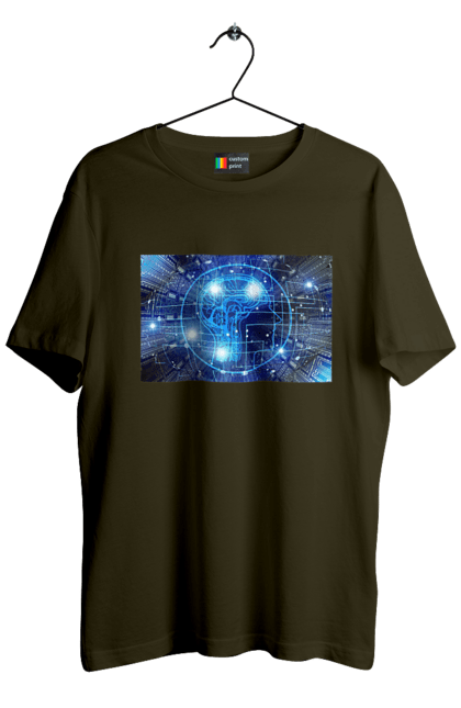 Футболка чоловіча з принтом "Штучний інтелект". Айті, айтішник, гік, знання, інженер, інтелект, кібер, кібернетика, кіборг, код, комп, комп`ютерник, кристал, машинне навчання, мікросхема, мозок, портрет, програміст, професіонал, професія, розробник, розум, хакер, чіп, штучний інтелект, штучний розум. 2070702