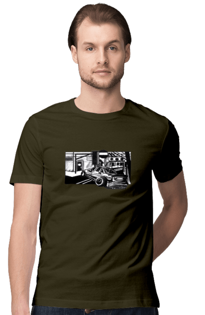 Men`s t-shirt with prints Dangerous Car on the roads of the streets. Black and white, car, dangerous, fast, machine, race. 2070702