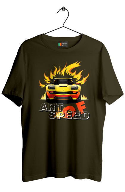Men`s t-shirt with prints Car on fire. Car, fire, speed, sport car, sports car. 2070702